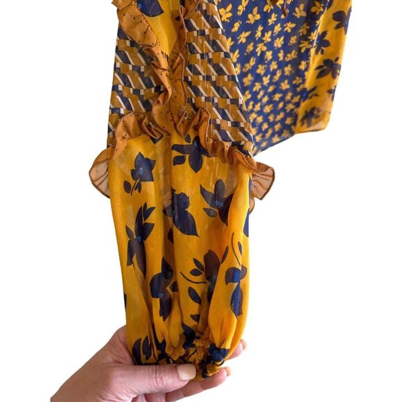 Cabi Harmony Gold Navy Ruffle Floral Peasant Blouse top Cottage Core XS Boho - Picture 6 of 7